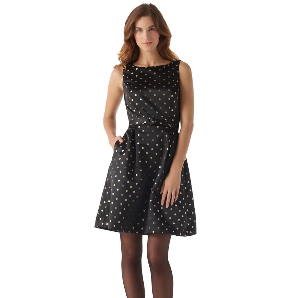White House Black Market Black Matte Silk & Gold Dot Dress & matching Belt sz4